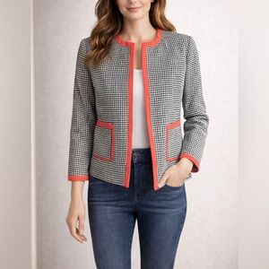 Nine West Houndstooth Jacket Coral Trim Open Front Blazer Size 8 GUC